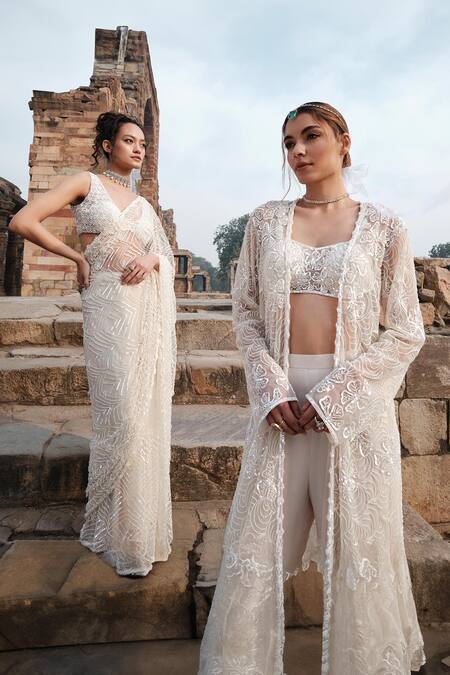 Buy Kashmiraa Ivory Cotton, Georgette Beads, Sequins Floral Embroidered Cape Sharara Set Buy_Kashmiraa_Ivory Cotton, Georgette Beads, Sequins Floral Embroidered Cape Sharara Set