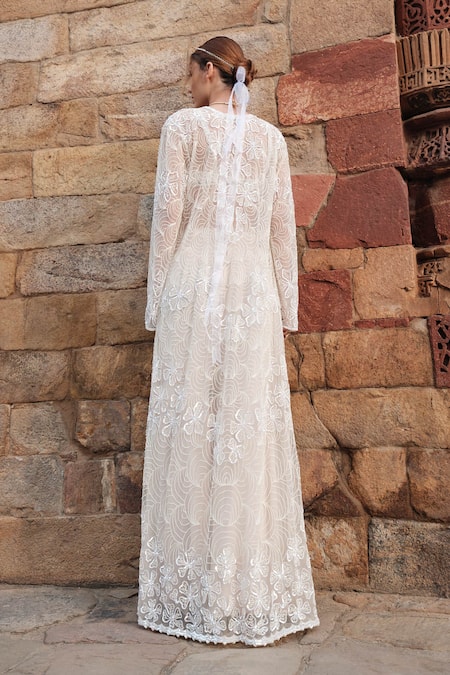 Shop Kashmiraa Ivory Cotton, Georgette Beads, Sequins Floral Embroidered Cape Sharara Set at Aza Fashions Shop_Kashmiraa_Ivory Cotton, Georgette Beads, Sequins Floral Embroidered Cape Sharara Set _at_Aza_Fashions