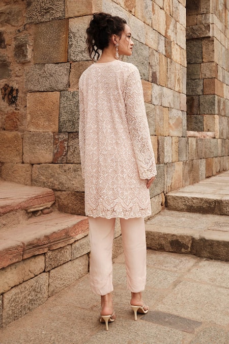 Shop Kashmiraa Beige Net, Cotton Sequins, Beads V-neck Floral Embroidered Kurta Pant Set at Aza Fashions Shop_Kashmiraa_Beige Net, Cotton Sequins, Beads V-neck Floral Embroidered Kurta Pant Set _at_Aza_Fashions