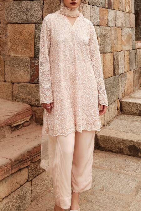 Kashmiraa Beige Net, Cotton Sequins, Beads V-neck Floral Embroidered Kurta Pant Set Online at Aza Fashions Kashmiraa_Beige Net, Cotton Sequins, Beads V-neck Floral Embroidered Kurta Pant Set _Online_at_Aza_Fashions