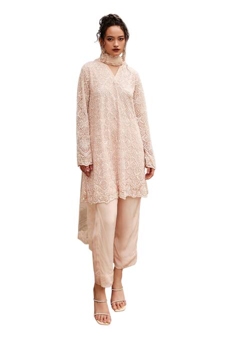 Buy Kashmiraa Beige Net, Cotton Sequins, Beads V-neck Floral Embroidered Kurta Pant Set Online at Aza Fashions Buy_Kashmiraa_Beige Net, Cotton Sequins, Beads V-neck Floral Embroidered Kurta Pant Set _Online_at_Aza_Fashions