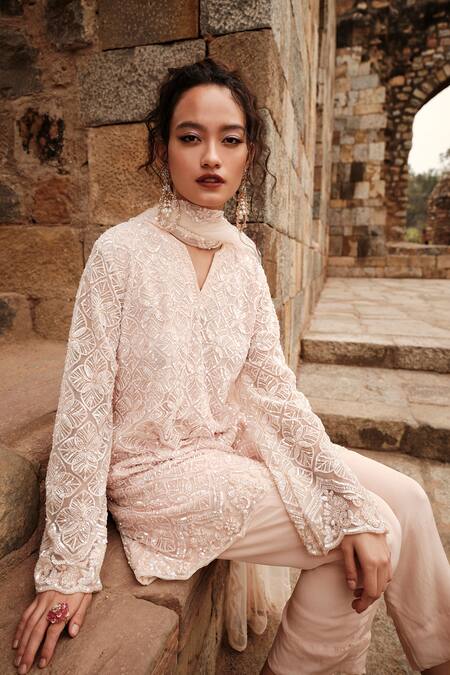 Shop Kashmiraa Beige Net, Cotton Sequins, Beads V-neck Floral Embroidered Kurta Pant Set Online at Aza Fashions Shop_Kashmiraa_Beige Net, Cotton Sequins, Beads V-neck Floral Embroidered Kurta Pant Set _Online_at_Aza_Fashions