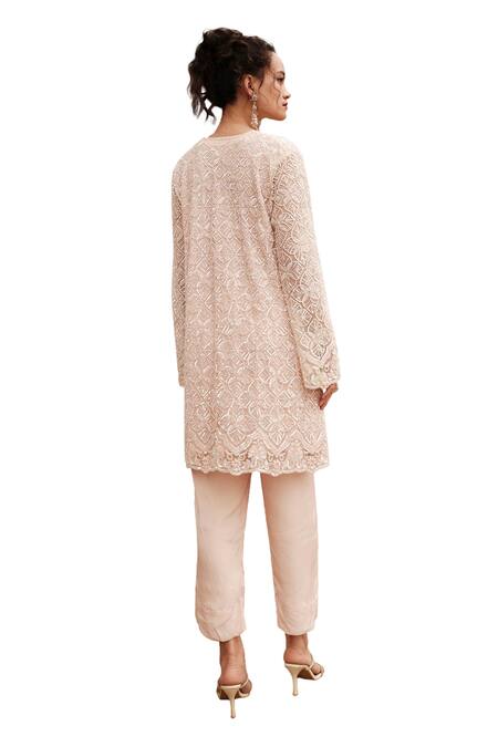 Kashmiraa Beige Net, Cotton Sequins, Beads V-neck Floral Embroidered Kurta Pant Set at Aza Fashions Kashmiraa_Beige Net, Cotton Sequins, Beads V-neck Floral Embroidered Kurta Pant Set _at_Aza_Fashions