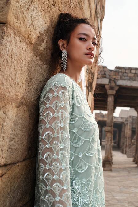Shop Kashmiraa Green Net, Cotton Sequins, Beads V-neck Scallop Embroidered Kurta With Pant Online at Aza Fashions Shop_Kashmiraa_Green Net, Cotton Sequins, Beads V-neck Scallop Embroidered Kurta With Pant _Online_at_Aza_Fashions