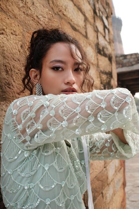 Kashmiraa Green Net, Cotton Sequins, Beads V-neck Scallop Embroidered Kurta With Pant at Aza Fashions Kashmiraa_Green Net, Cotton Sequins, Beads V-neck Scallop Embroidered Kurta With Pant _at_Aza_Fashions