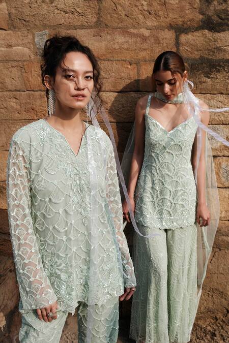 Buy Kashmiraa Green Net, Cotton Sequins, Beads V-neck Scallop Embroidered Kurta With Pant Buy_Kashmiraa_Green Net, Cotton Sequins, Beads V-neck Scallop Embroidered Kurta With Pant