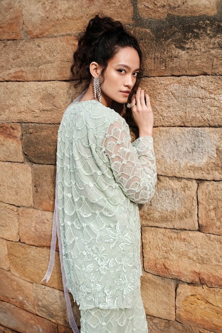 Shop Kashmiraa Green Net, Cotton Sequins, Beads V-neck Scallop Embroidered Kurta With Pant at Aza Fashions Shop_Kashmiraa_Green Net, Cotton Sequins, Beads V-neck Scallop Embroidered Kurta With Pant _at_Aza_Fashions