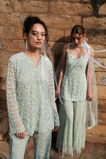 Kashmiraa Green Net, Cotton Sequins, Beads Scallop Embroidered Kurta Sharara Set Online at Aza Fashions Kashmiraa_Green Net, Cotton Sequins, Beads Scallop Embroidered Kurta Sharara Set _Online_at_Aza_Fashions