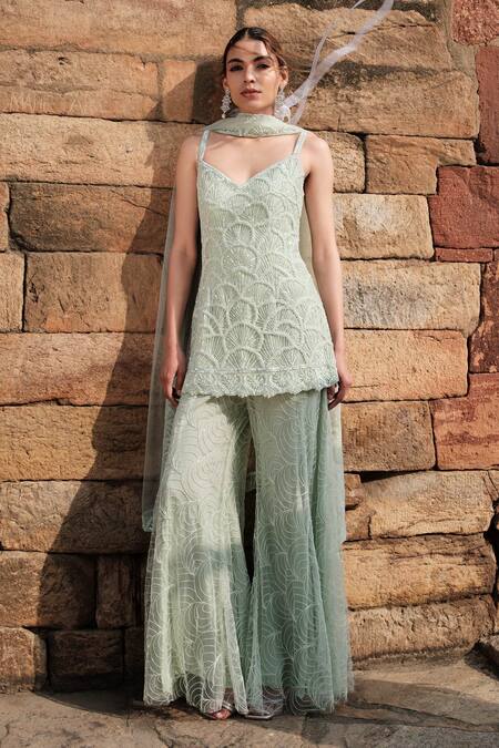 Buy Kashmiraa Green Net, Cotton Sequins, Beads Scallop Embroidered Kurta Sharara Set Online at Aza Fashions Buy_Kashmiraa_Green Net, Cotton Sequins, Beads Scallop Embroidered Kurta Sharara Set _Online_at_Aza_Fashions