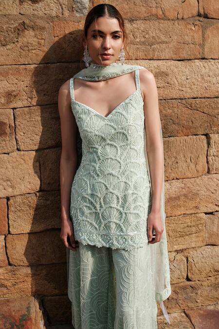 Kashmiraa Green Net, Cotton Sequins, Beads Scallop Embroidered Kurta Sharara Set at Aza Fashions Kashmiraa_Green Net, Cotton Sequins, Beads Scallop Embroidered Kurta Sharara Set _at_Aza_Fashions