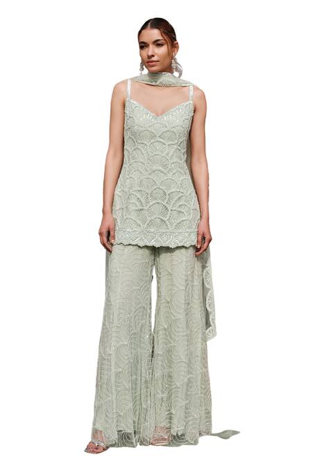 Buy Kashmiraa Green Net, Cotton Sequins, Beads Scallop Embroidered Kurta Sharara Set Buy_Kashmiraa_Green Net, Cotton Sequins, Beads Scallop Embroidered Kurta Sharara Set