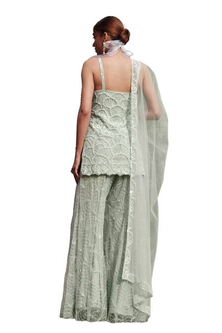 Shop Kashmiraa Green Net, Cotton Sequins, Beads Scallop Embroidered Kurta Sharara Set Shop_Kashmiraa_Green Net, Cotton Sequins, Beads Scallop Embroidered Kurta Sharara Set