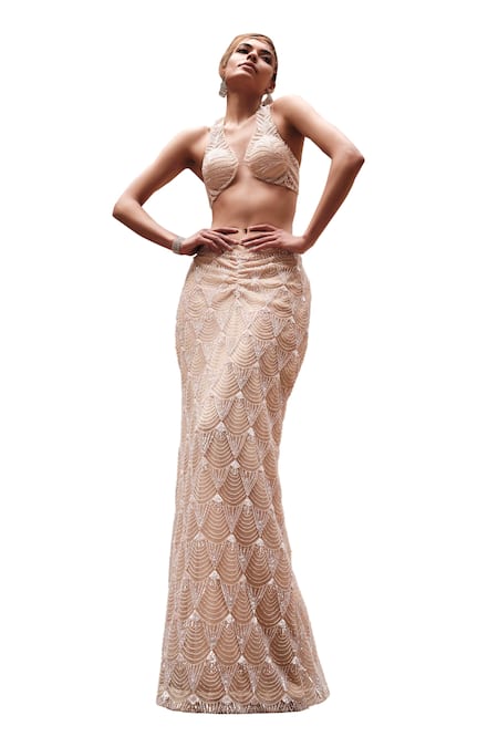 Shop_Kashmiraa_Beige Net, Cotton Sequins, Beads Halter Embroidered Mermaid Skirt With Blouse _Online_at_Aza_Fashions