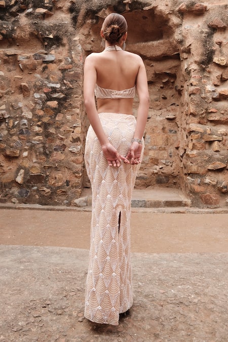 Shop_Kashmiraa_Beige Net, Cotton Sequins, Beads Halter Embroidered Mermaid Skirt With Blouse 