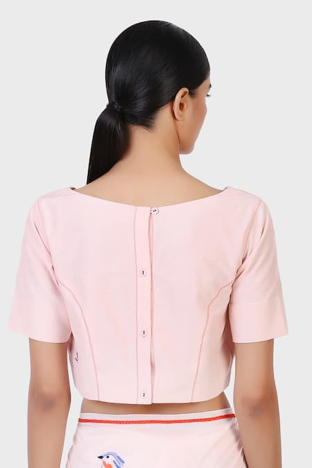 Shop_LAITE_Pink 70% Cotton Plain Running Stitch V-neck Blouse _at_Aza_Fashions