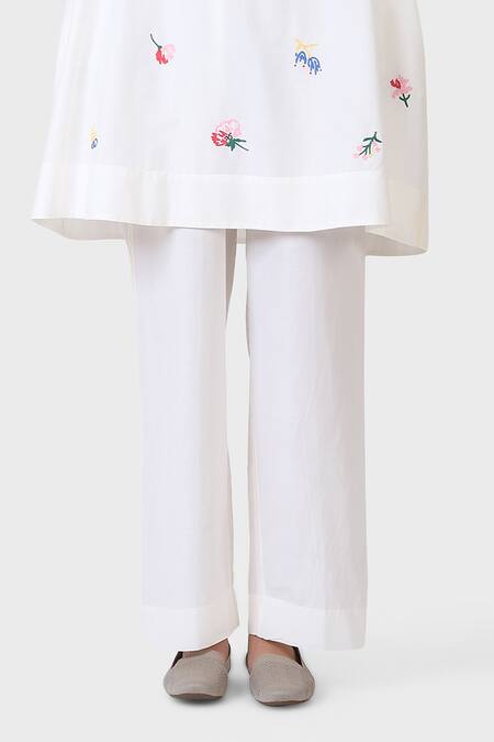 Laite White Cotton, Silk Embroidery V-neck Floral Tunic And Pant Set Online at Aza Fashions Laite_White Cotton, Silk Embroidery V-neck Floral Tunic And Pant Set _Online_at_Aza_Fashions