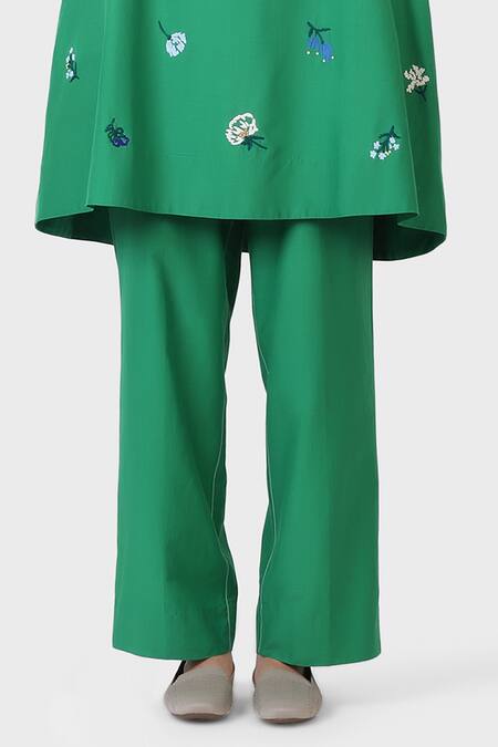 Laite_Green Cotton, Silk Embroidery V-neck Flared Tunic And Pant Set _Online_at_Aza_Fashions