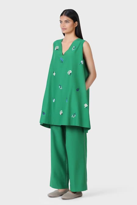 Buy_Laite_Green Cotton, Silk Embroidery V-neck Flared Tunic And Pant Set _Online_at_Aza_Fashions