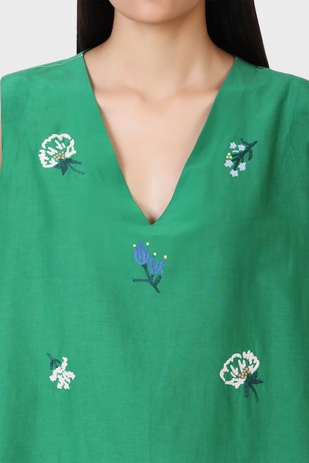 Shop_Laite_Green Cotton, Silk Embroidery V-neck Flared Tunic And Pant Set _Online_at_Aza_Fashions