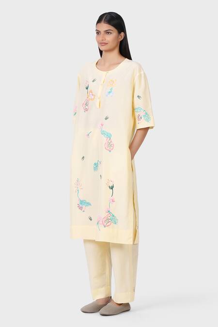 Buy_Laite_Beige Silk, Cotton Embroidery Round Neck Pear Garden Kurta With Pant _Online_at_Aza_Fashions