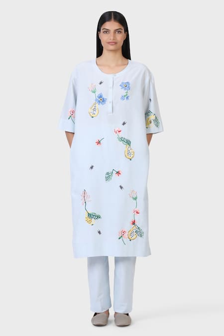 LAITE Blue 70% Cotton Embroidered Thread Round Pear Garden Kurta With Pant  