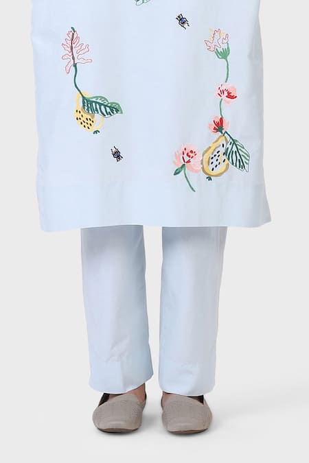 Laite Blue Silk, Cotton Embroidery Round Neck Pear Garden Thread Kurta With Pant Online at Aza Fashions Laite_Blue Silk, Cotton Embroidery Round Neck Pear Garden Thread Kurta With Pant _Online_at_Aza_Fashions