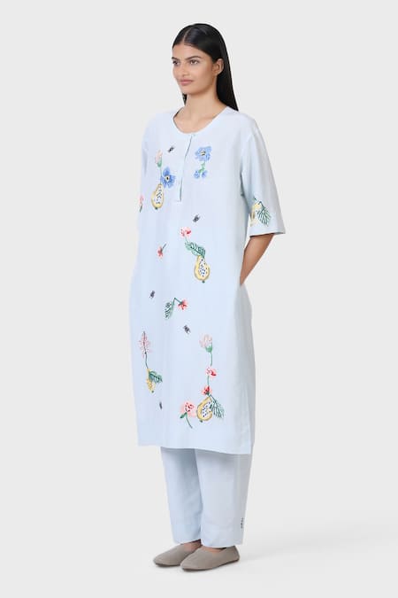 Buy_Laite_Blue Silk, Cotton Embroidery Round Neck Pear Garden Thread Kurta With Pant _Online_at_Aza_Fashions