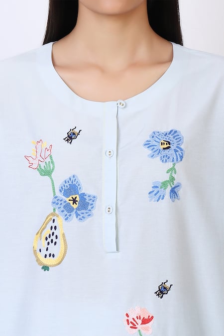 Shop_Laite_Blue Silk, Cotton Embroidery Round Neck Pear Garden Thread Kurta With Pant _Online_at_Aza_Fashions