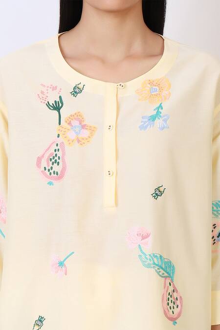 Shop_Laite_Beige Silk, Cotton Embroidery Round Neck Thread Kurta Set _Online_at_Aza_Fashions