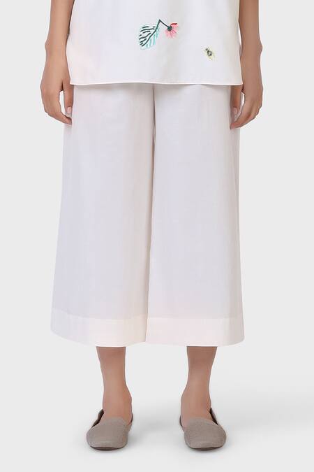 Laite_White Silk, Cotton Embroidery Round Pear Garden Threadwork Short Kurta With Pant _Online_at_Aza_Fashions