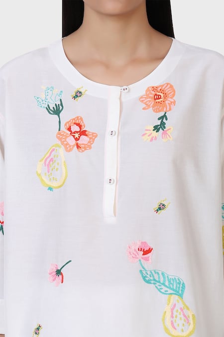 Shop_Laite_White Silk, Cotton Embroidery Round Pear Garden Threadwork Short Kurta With Pant _Online_at_Aza_Fashions