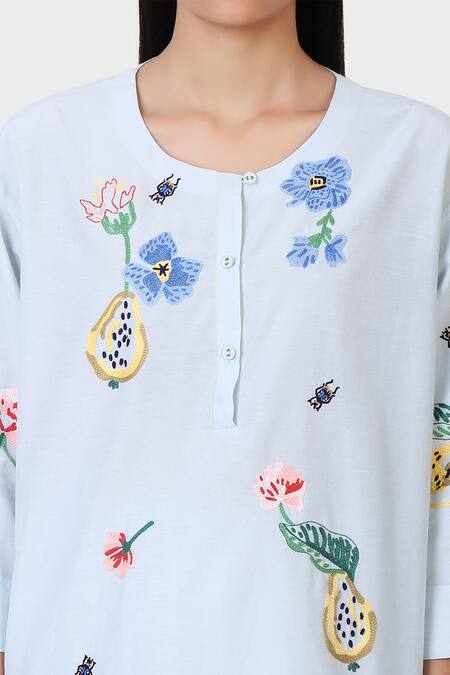 Shop_Laite_Blue Silk, Cotton Embroidery Round Neck Floral Threadwork Kurta Set _Online_at_Aza_Fashions