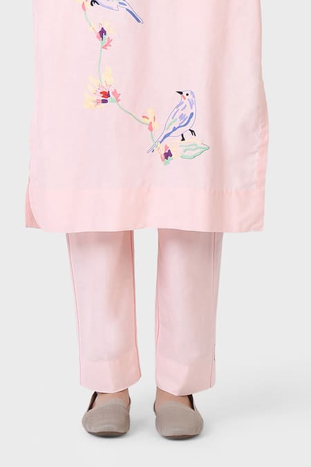 Laite_Pink Silk, Cotton Embroidery V-neck Robin Garden Bird Kurta With Pant _Online_at_Aza_Fashions