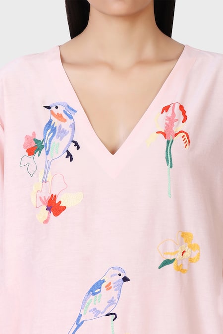 Shop_Laite_Pink Silk, Cotton Embroidery V-neck Robin Garden Bird Kurta With Pant _Online_at_Aza_Fashions