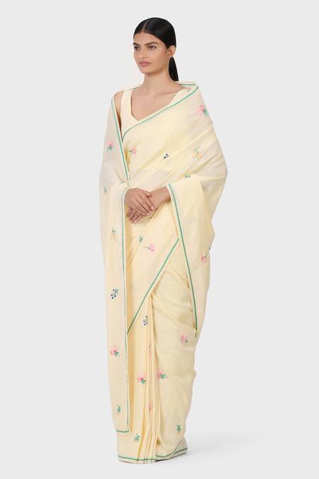 Laite_Beige Cotton, Silk Embroidery Lake Garden Floral Saree _Online_at_Aza_Fashions