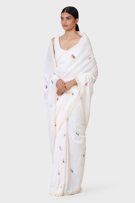 Laite_White Cotton, Silk Embroidery Lake Garden Blossom Saree _Online_at_Aza_Fashions