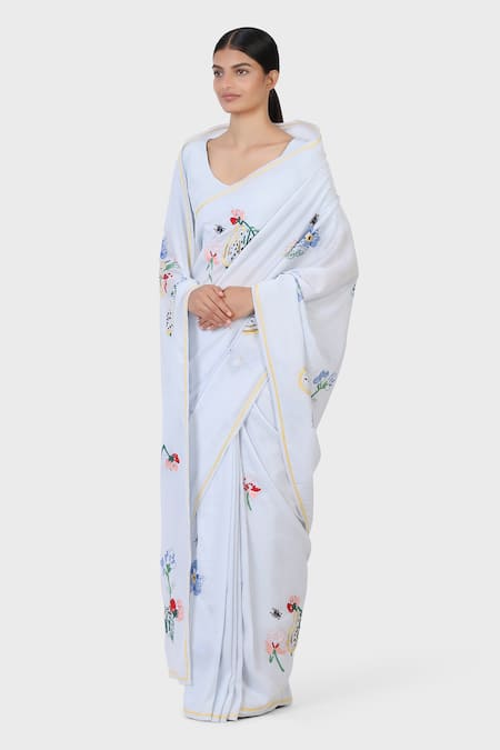 Laite_Blue Cotton, Silk Embroidery Pear Garden Thread Saree _Online_at_Aza_Fashions