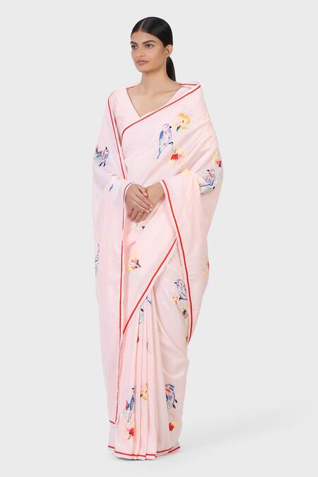 Laite_Pink Cotton, Silk Embroidery Robin Garden Bird Saree _Online_at_Aza_Fashions