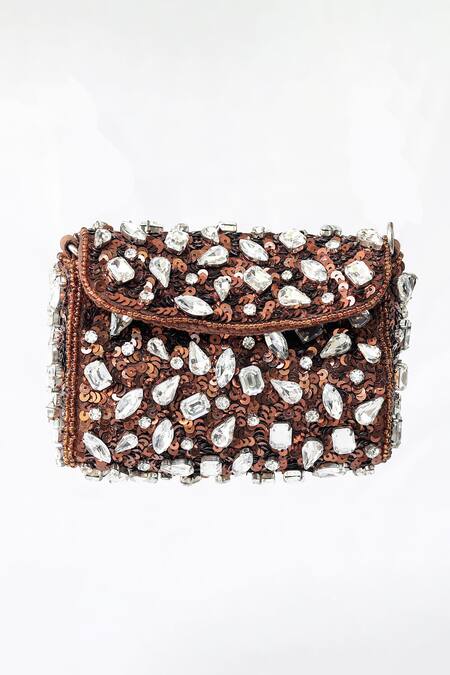 Ginn And Tonik_Brown Embellished Jewel Bag _Online_at_Aza_Fashions
