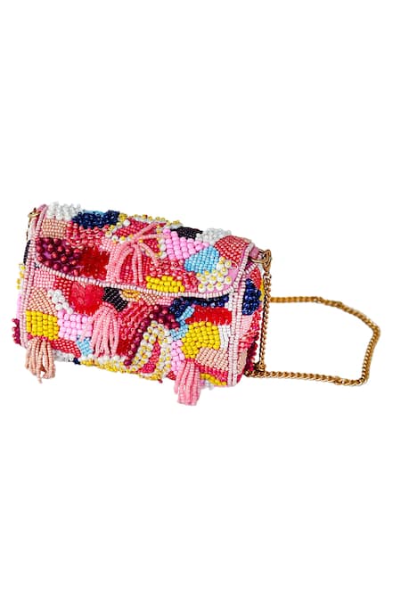Ginn And Tonik_Pink Embellished Bead Mosaic Sling Bag _Online_at_Aza_Fashions