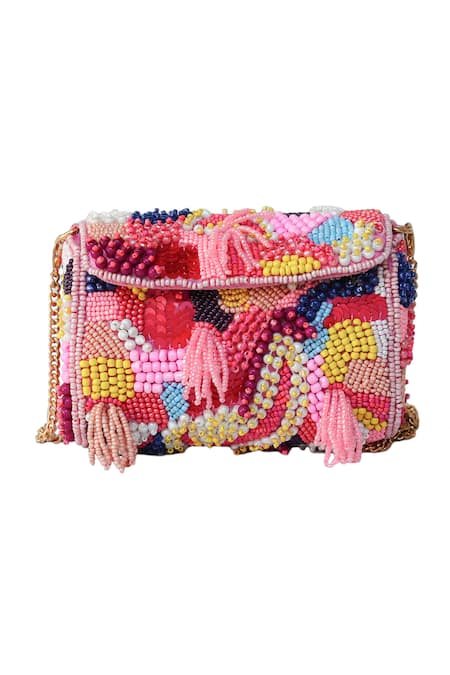 Shop_Ginn And Tonik_Pink Embellished Bead Mosaic Sling Bag _Online_at_Aza_Fashions