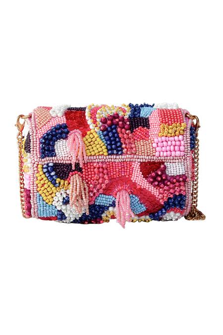 Ginn And Tonik Pink Embellished Bead Mosaic Sling Bag at Aza Fashions Ginn And Tonik_Pink Embellished Bead Mosaic Sling Bag _at_Aza_Fashions
