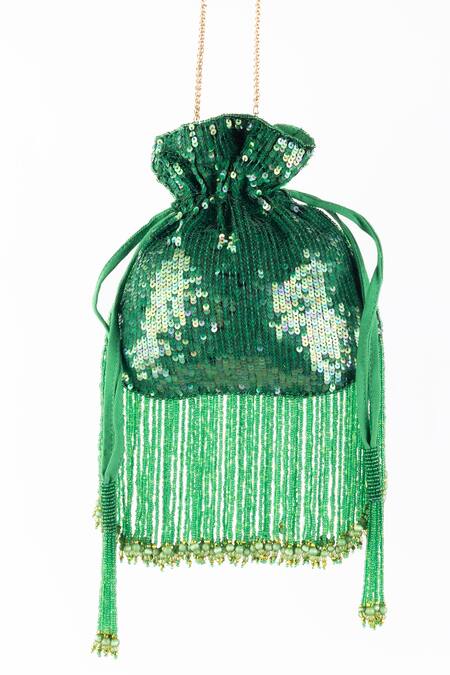 Shop Ginn And Tonik Green Embellished Sequin Tassel Potli at Aza Fashions Shop_Ginn And Tonik_Green Embellished Sequin Tassel Potli_at_Aza_Fashions