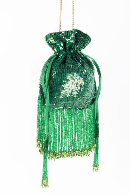 Ginn And Tonik Green Embellished Sequin Tassel Potli Online at Aza Fashions Ginn And Tonik_Green Embellished Sequin Tassel Potli_Online_at_Aza_Fashions