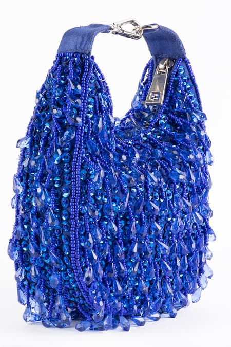 Ginn And Tonik_Blue Embellished Crystal Tassel Handbag _Online_at_Aza_Fashions