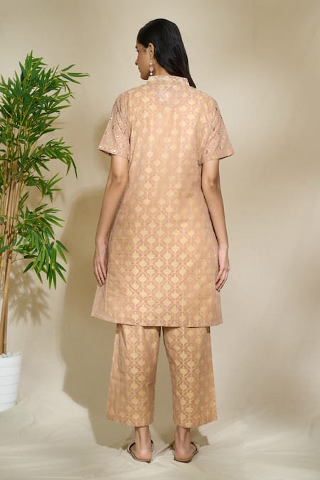Shop The Home Affair Beige Chanderi Cotton Embroidery, Mirrors Floral Block Print Kurta Pant Set at Aza Fashions Shop_The Home Affair_Beige Chanderi Cotton Embroidery, Mirrors Floral Block Print Kurta Pant Set _at_Aza_Fashions