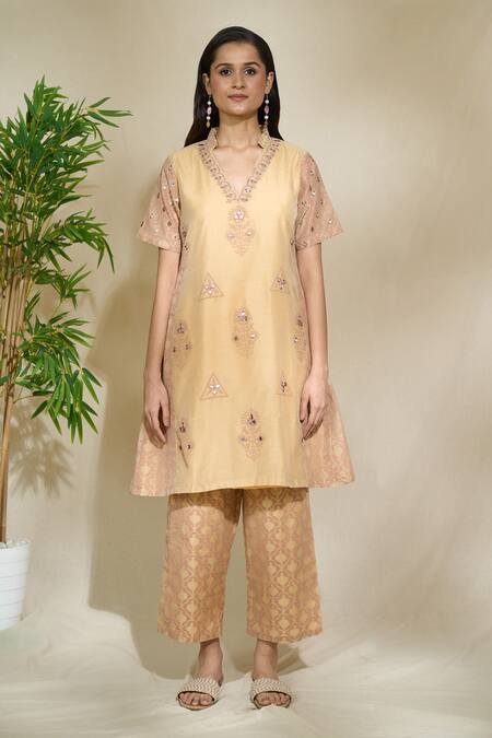 The Home Affair Beige Chanderi Cotton Embroidery, Mirrors Floral Block Print Kurta Pant Set Online at Aza Fashions The Home Affair_Beige Chanderi Cotton Embroidery, Mirrors Floral Block Print Kurta Pant Set _Online_at_Aza_Fashions
