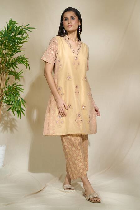 Buy The Home Affair Beige Chanderi Cotton Embroidery, Mirrors Floral Block Print Kurta Pant Set Online at Aza Fashions Buy_The Home Affair_Beige Chanderi Cotton Embroidery, Mirrors Floral Block Print Kurta Pant Set _Online_at_Aza_Fashions