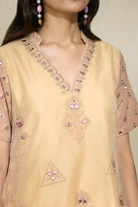 Shop The Home Affair Beige Chanderi Cotton Embroidery, Mirrors Floral Block Print Kurta Pant Set Online at Aza Fashions Shop_The Home Affair_Beige Chanderi Cotton Embroidery, Mirrors Floral Block Print Kurta Pant Set _Online_at_Aza_Fashions