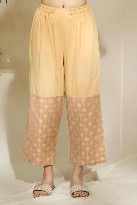 The Home Affair Beige Chanderi Cotton Embroidery, Mirrors Floral Block Print Kurta Pant Set at Aza Fashions The Home Affair_Beige Chanderi Cotton Embroidery, Mirrors Floral Block Print Kurta Pant Set _at_Aza_Fashions